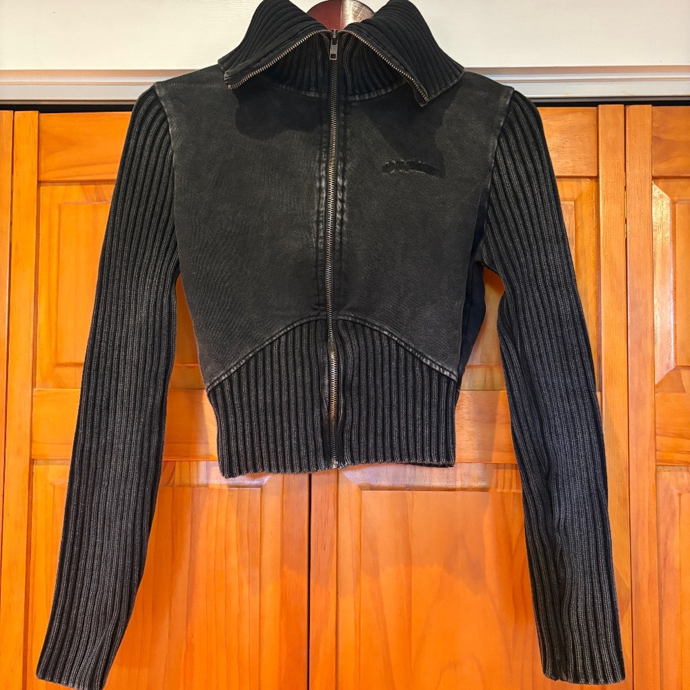 BDG Thea Ribbed Track Sweater in Size Large, Black Wash, Cropped Turtleneck
